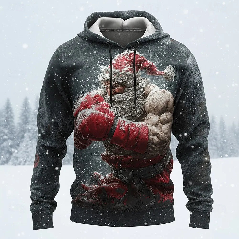 Christmas Men's Muscle Santa Claus Dark Hoodie Sweatshirt Fashion Casual Crew Neck Hooded Party Gift Drawstring Fall Winter