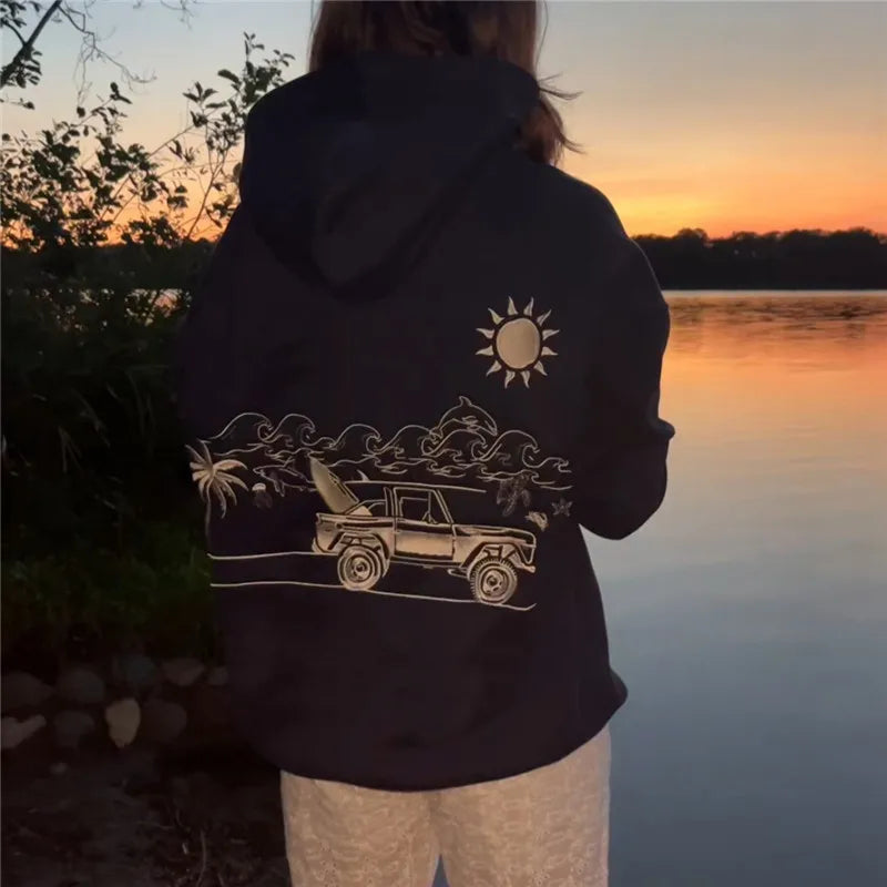 Women's Fall Winter Hoodies Stylish Sun Coral Embroidered Casual Loose Fit Long Sleeve Hooded Sweatshirt Y2K Streetwear